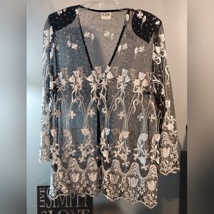 SAM Sheer Black and White Floral Embroidered Top with bling